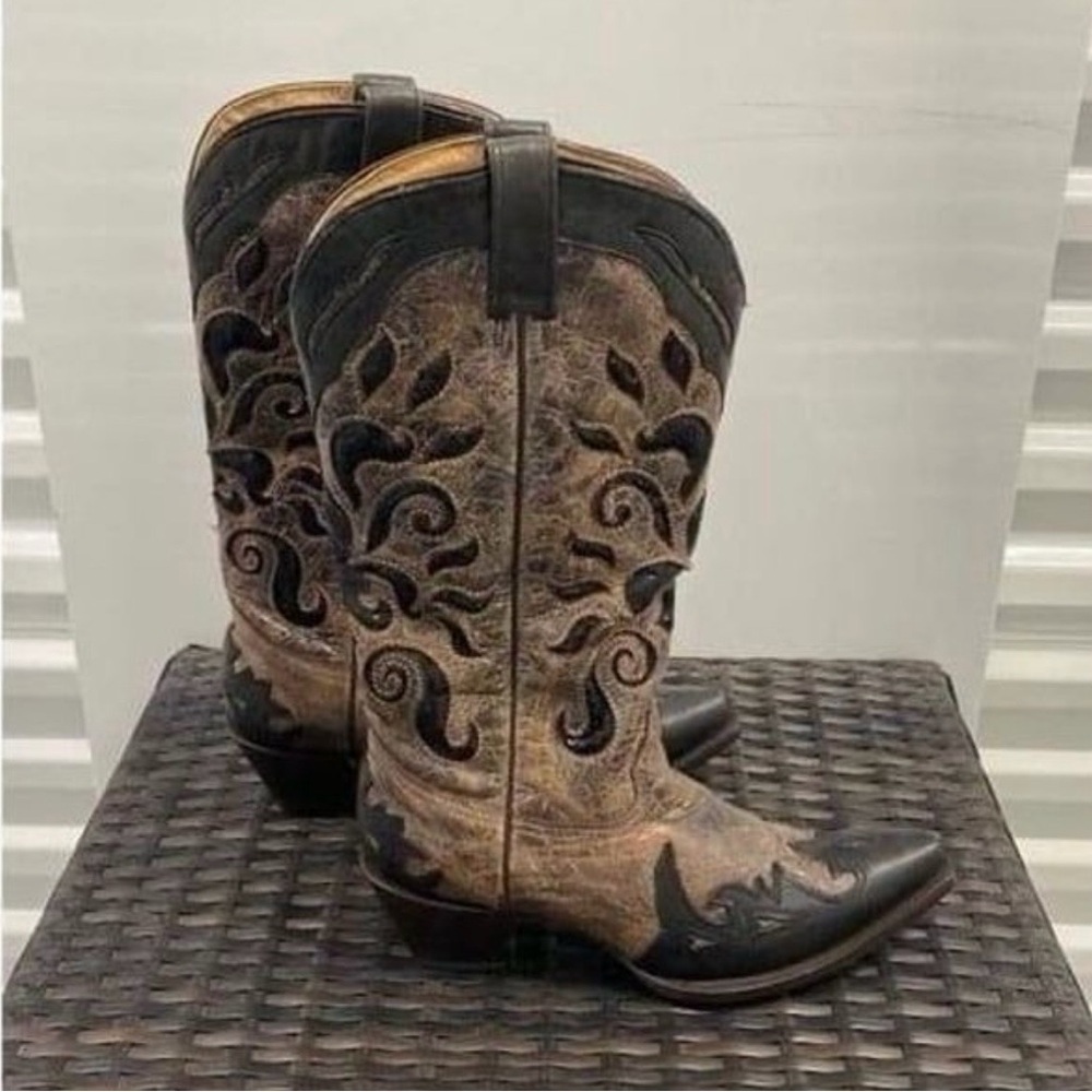 Corral Distressed Leather Western Boots with sequin inlay fleur de lis Size 9 - Picture 2 of 8